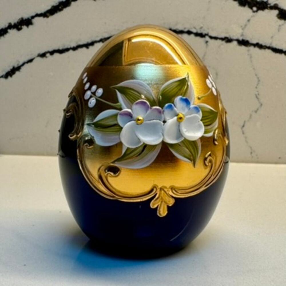 Murano Art Glass Egg Blue Gold Floral Hand Painted Italy